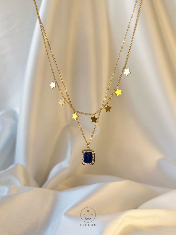 double layer stars necklace with blue straus