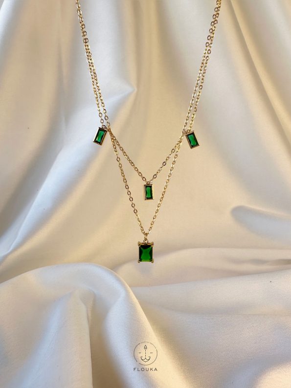 double layer necklace with green rectangular