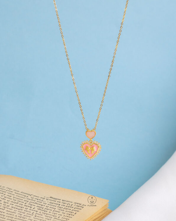 pink heart bun necklace