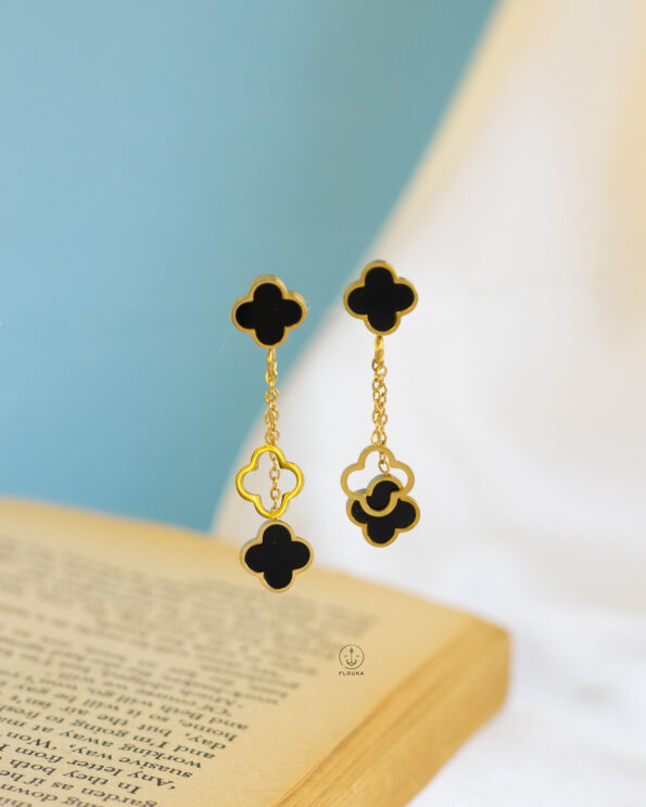 gold black flower earrings