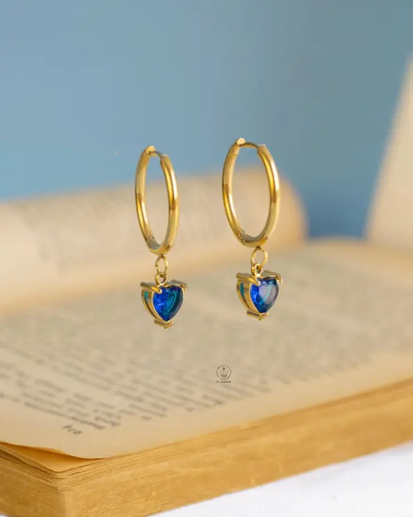 blue heart gold earrings