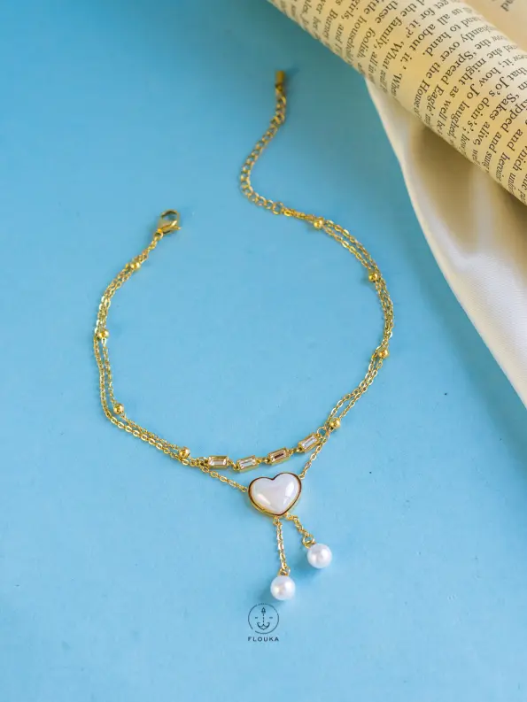 double layer white heart pearl anklet
