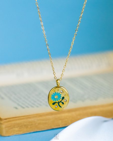 gold blue flower paint necklace