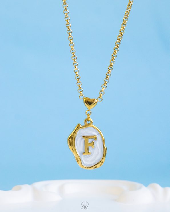 white Resin letter F necklace