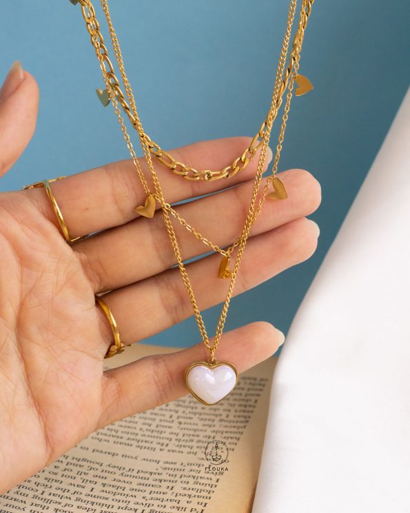 three layer heart white necklace