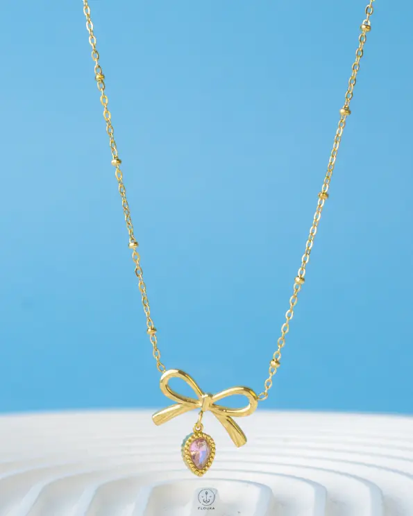 Pink tie gold necklace