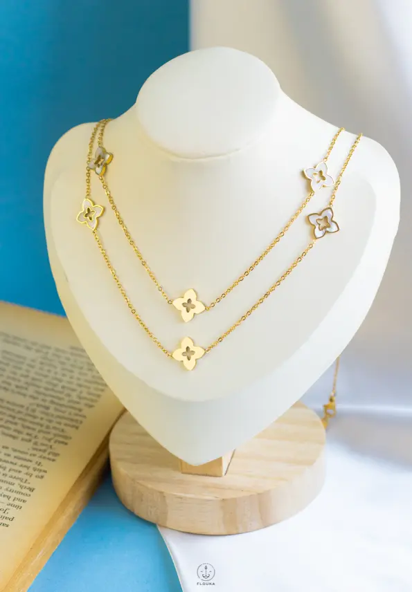 Double layer flower gold necklace