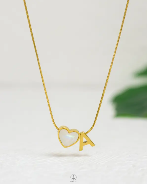 thin white heart letter A necklace