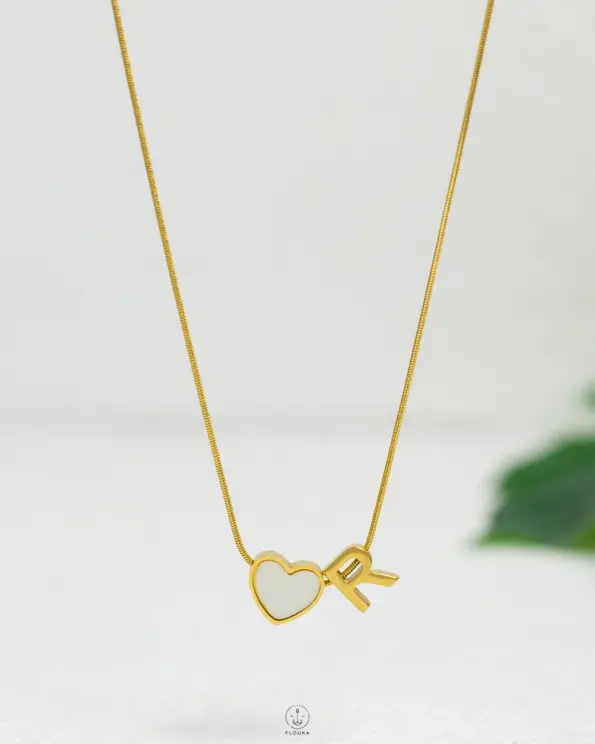 thin white heart letter R necklace