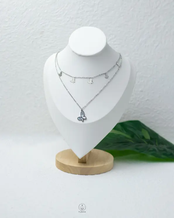 double layer butterfly silver necklace