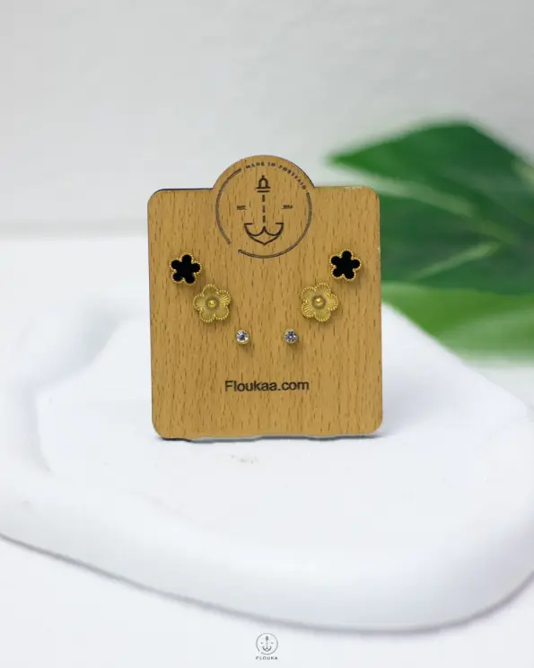 black flower & gold earrings
