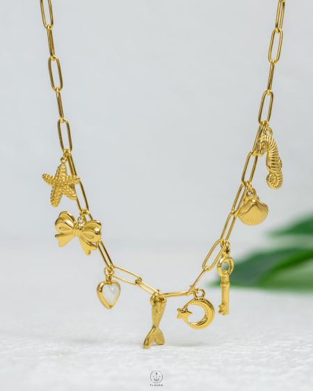 seahorse and seashell gold necklace