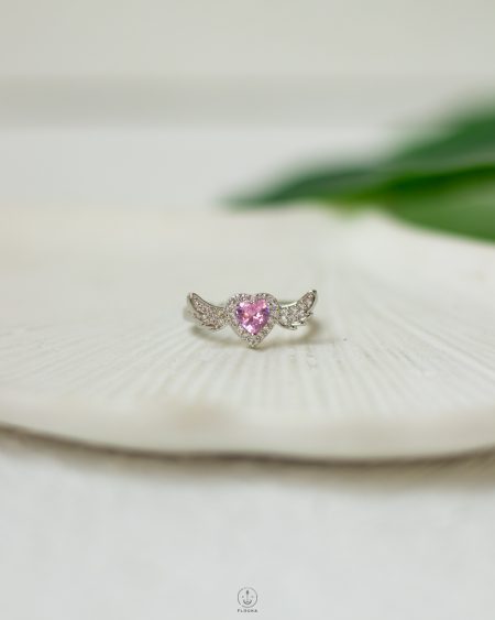 free size pink heart silver wing ring