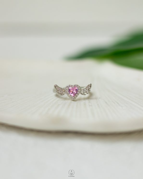 free size pink heart silver wing ring