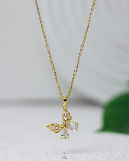 crystal pink butterfly strus necklace