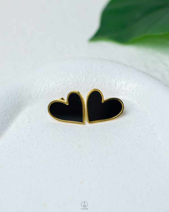 wide black heart gold earrings
