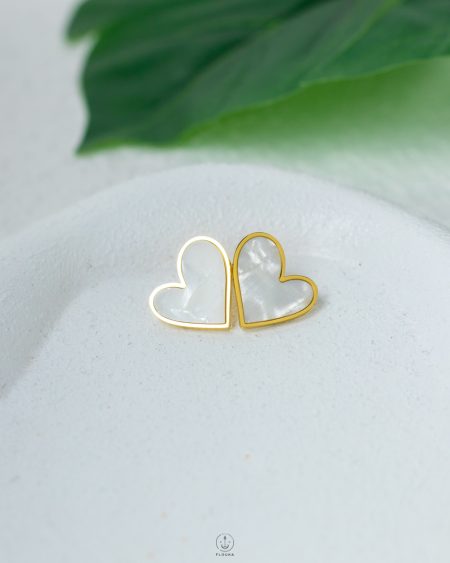 wide white heart gold earrings