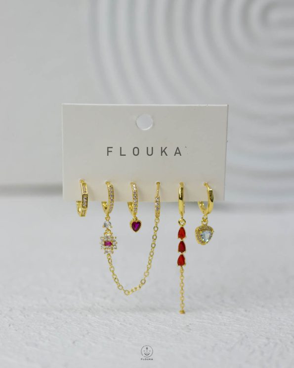 red & white struas heart gold earring set
