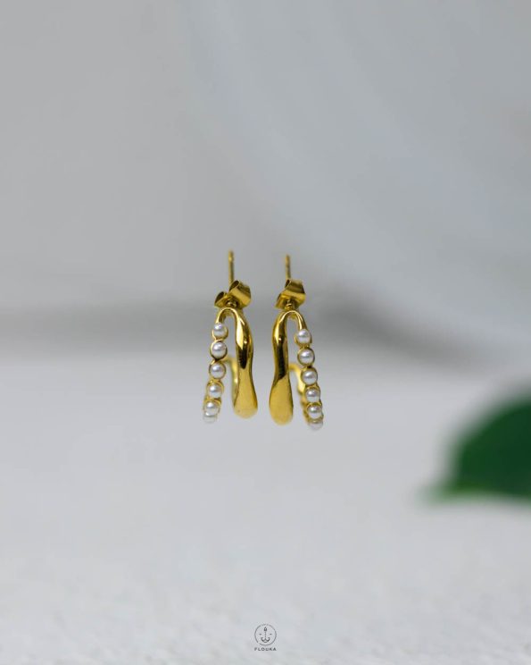 double layer white beads & gold earrings